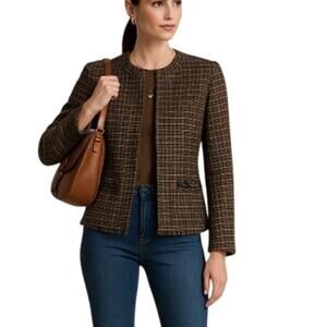 ’S MaxMara Women's 2 Brown Tweed Wool Blazer Cropped Zip Jacket Designer